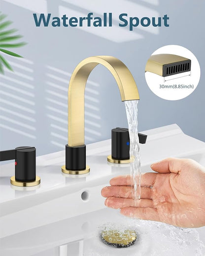 Aolemi Bathroom Faucets 3 Hole,8 Inch Widespread Waterfall Bathroom Sink Faucet,2 Handles Vanity Faucet with Pop-up Drain and Supply Hose,Brushed Gold and Matte Black