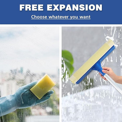 Professional 2-in-1 Window Squeegee with Telescopic Stainless Steel Handle (13.3"-18.9") | Sponge & Scraper for Glass, Shower, Car & High Surfaces