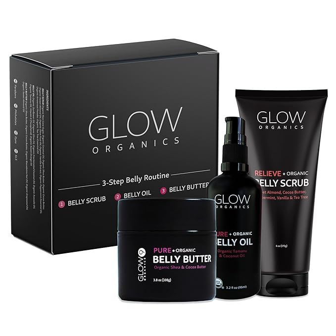 Glow Organics Stretch Mark Cream Belly Butter, Scrub and Oil, 3-Step Pregnancy Skin Care Kit, Belly Butter for Stretch Marks, Organic, Pregnancy & Baby Registry Must Haves, Mother To Be Gift.
