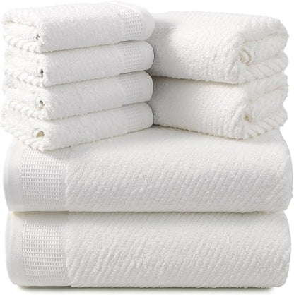 REDKISS Luxury Bath Towel Set of 8, 100% Cotton Bathroom Towels Set with 2 Bath Towels, 2 Hand Towels, 4 Washcloths, Ultra Soft Highly Absorbent Towels for Bathroom, Gym, Hotel, Spa, White
