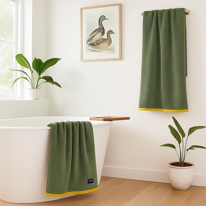 REDKISS 6 Pack Cotton Towel Set with Luxury Embellished Border, 600 GSM Ultra Soft & Highly Absorbent Bath Towels Set with 2 Bath, 2 Hand, 2 Washcloths for Bathroom, Gym, Spa, Hotel, Army Green
