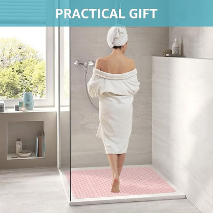 OTHWAY Square Shower Mat, 27"x 27" Extra Large Shower Mats for Inside Shower, TPE Anti Slip Shower mat with Suction Cups Drain Holes, Machine Washable Shower Floor Mat (Light Pink)