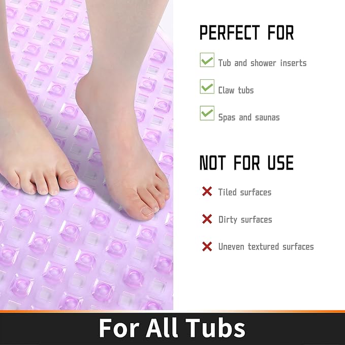 Yimobra Non Slip Bath Mat, Super Strong Suction Cups,34.5"x15.5"Long Tub Mat with Drain Holes, Machine Washable Fast Draining Shower Mats, Bathroom Essentials,Clear Purple