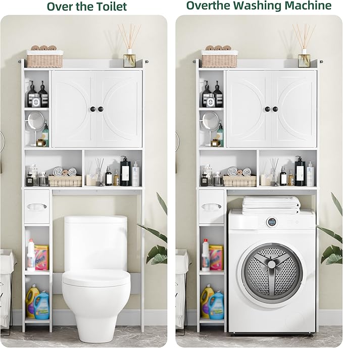 Over The Toilet Storage Cabinet with 2 Barn Door and Toilet Paper Holder Stand, Adjustable Shelf, Freestanding Organizer for Bathroom, or Laundry Room, White