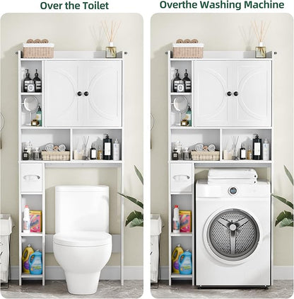Over The Toilet Storage Cabinet with 2 Barn Door and Toilet Paper Holder Stand, Adjustable Shelf, Freestanding Organizer for Bathroom, or Laundry Room, White