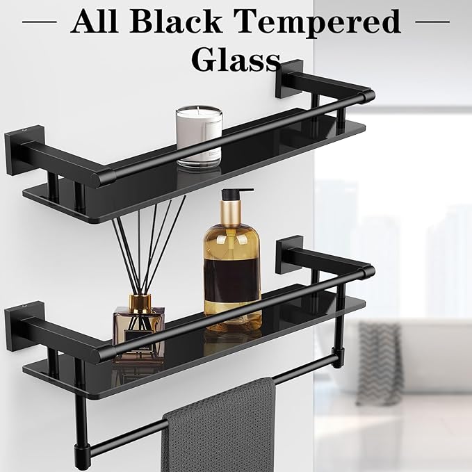 Glass Shelf for Bathroom 20 Inch Bathroom Shelves with Towel Bar, Tempered Glass Shelves with Stainless Steel Towel Holder for Wall Shelf Sink Over Toilet (Brushed Gold Finish)