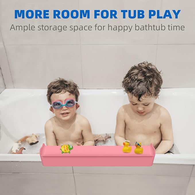 Splash Guard for Bathtub, 3.8" x 3.6" Silicone Bath Tub Splash Guard with 6 Suction Cups, Bathtub SplashGuard Play Shelf Area for Kids with 3°Drainage Slope for Faster Drying - Pink