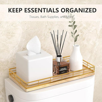 Toilet Paper Basket Organizer – Oak Wood Toilet Tank Tray with Metal Frame, Back of Tank or Top Bathroom Counter Storage – Gold & Oak Modern Decor