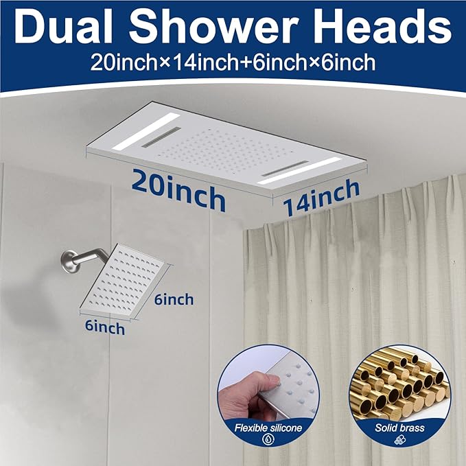 Dual Rain Shower Head Thermostatic Luxury Spa Shower System And Ceiling Mount 14x20 Inch LED 4 Functions with 6 Inch Wall Head Shower Faucet Set,Brushed Nickel