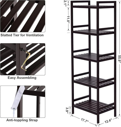 SONGMICS Adjustable Storage Shelf Rack, 5-Tier Multifunctional Shelving Unit Stand Tower, Bookcase for Bathroom Living Room Kitchen 17.7 x 12.4 x 55.9 inches, Holds up to 132 lb, Brown UBCB75BR