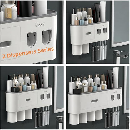 No-Drill Wall Mounted Toothbrush Holder, Bathroom Shelf, with Automatic Toothpaste Dispensers 6 Brush Hooks Magnetic Cups 1 Cosmetic Drawer Organizer and Large Storage (2 Dispensers 2 Cups)