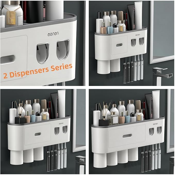 No-Drill Wall Mounted Toothbrush Holder, Bathroom Shelf, with Automatic Toothpaste Dispensers 6 Brush Hooks Magnetic Cups 1 Cosmetic Drawer Organizer and Large Storage (2 Dispensers 3 Cups)