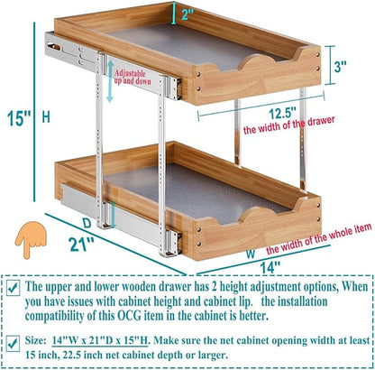 OCG Pull Out Drawers For Cabinets 14"W x 21"D, 2 Tier Heavy-Duty Slide out Wood Drawer Shelf, Pull Out Drawer for Cabinets, Base Cabinet Organization for Kitchen, Pantry, Bathroom