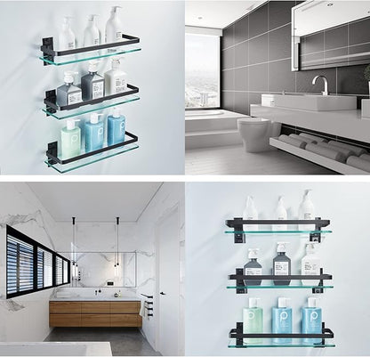 AIJALY 3 Pack Bathroom Glass Shelf,Aluminum Tempered Glass 0.34in Extra Thick Rectangular 1 Tier Storage Organizer Wall Mount,Black 15.7in