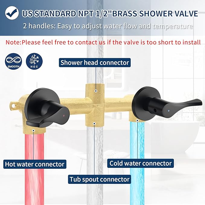 2 Handle Shower Faucet Set with Tub Spout and Shower Head Combo, Matte Black, Wall Mounted, 2 Handles, Brass, Complete Bathtub Shower Trim Kit