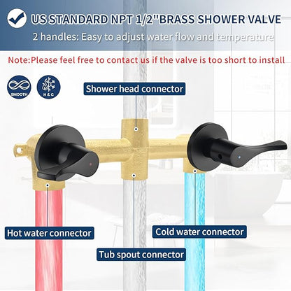 2 Handle Shower Faucet Set with Tub Spout and Shower Head Combo, Matte Black, Wall Mounted, 2 Handles, Brass, Complete Bathtub Shower Trim Kit