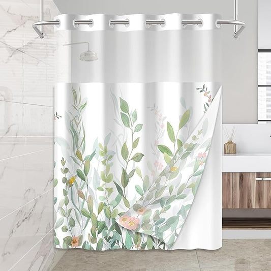 No Hook Shower Curtain Set with Snap in Fabric Liner for Bathroom,with See Through Top Window,Double Shower Curtain with Detachable Liner Replacement,Machine Washable,Green Leaves,71x74inch