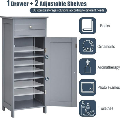 DORTALA Bathroom Floor Cabinet, Free-Standing Wooden Floor Storage Cabinet w/Large Drawer & 2 Adjustable Shelves, Morden Side Storage Bathroom Organizer Cabinet for Living Room, Grey