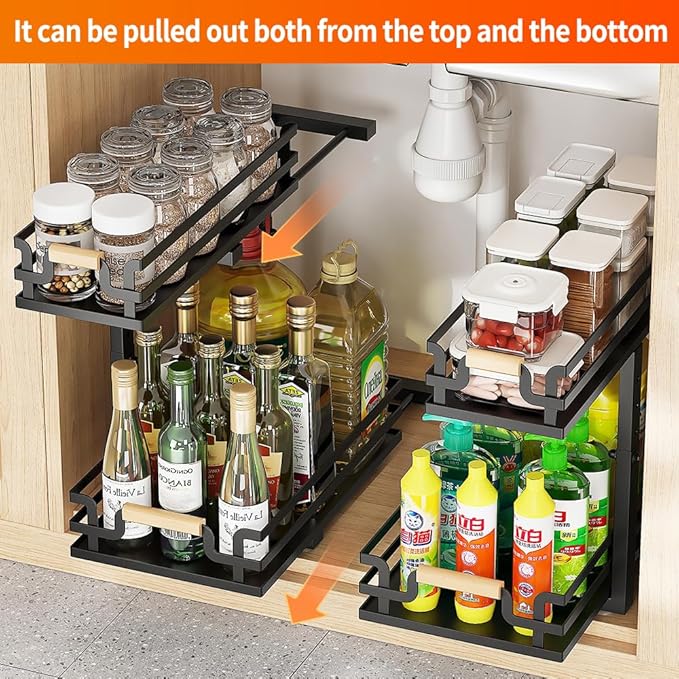 MIKEE Under Sink Organizer, 2 Tier Under Sink Organizers and Storage,Bathroom Cabinet Organizer with Adjustable Height, Pull Out Sink Shelf Cabinet Storage Shelves for Kitchen& Bathroom