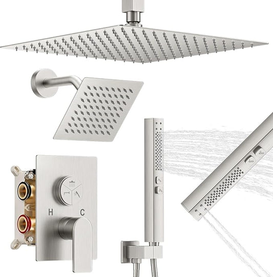 Shower Faucet Set,3-Setting Push Button Brushed Nickel Shower System, 12 Inch Ceiling Mounted Shower Head, 6 Inch Wall Mounted Rain Shower Head with 2 in 1 Handheld Spray, Shower Valve Trim Kit