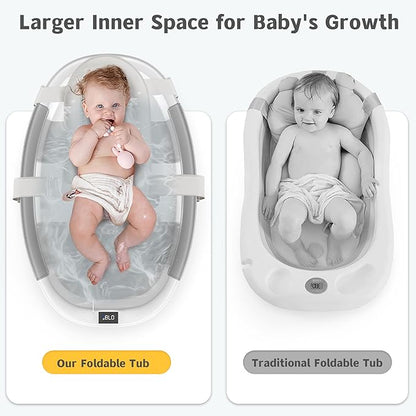 Collapsible Baby Bathtub for Newborn to Toddler 0-36 Months, Spacious Foldable Infant Bath Tub with Thermometer, Cushion & Drain Hole, Portable Travel Tub Grey