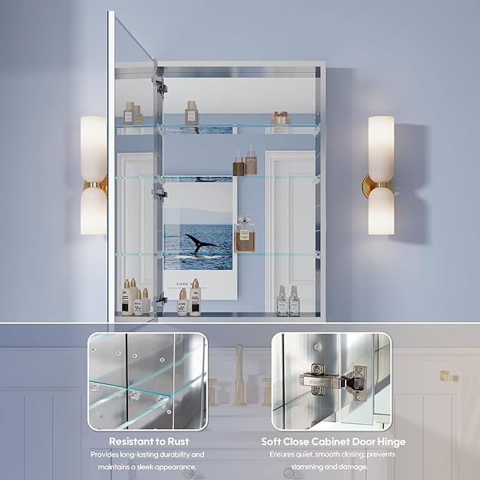 WELLFOR 24" x 36" Bathroom Medicine Cabinet, Anodized Chrome Aluminum Frame, Medicine Cabinet with Adjustable Glass Shelves, Bathroom Cabinet with Reverse Door Installation, Surface or Recess Mount