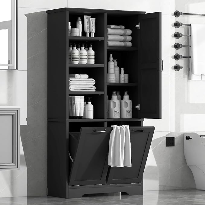 Favfurish 68" Tall Bathroom Storage Cabinet with Door and 2 Tilt-Out Laundry Hampers,Modern Linen Cabinets w/Open Shelf & Adjustable Shelves,Freestanding Organizer for Laundry Room,Kitchen,Black