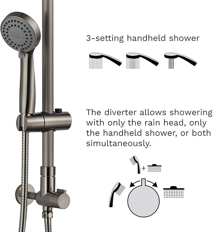 Fennocasa Polaris 1 Rain Shower System, includes 8” Rainfall Shower Head with High Pressure Handheld Combo, 3-Setting Handheld Spray, Height Adjustable Spray Holder, 60” Hose (Brushed Nickel)