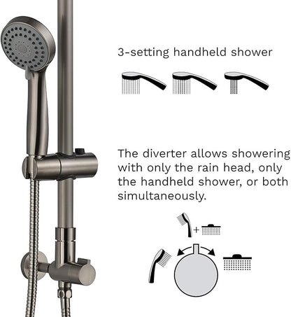 Fennocasa Polaris 1 Rain Shower System, includes 8” Rainfall Shower Head with High Pressure Handheld Combo, 3-Setting Handheld Spray, Height Adjustable Spray Holder, 60” Hose (Brushed Nickel)