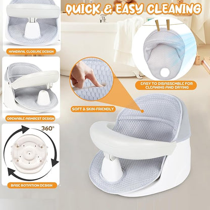 Swivel Baby Bath Seat, Openable Armrest and 360° Rotatable Baby Bath Seat for Babies 6 Months & up, Baby Bath Mat/Rinse Cup/Brush/Baby Shower Cap Included, White