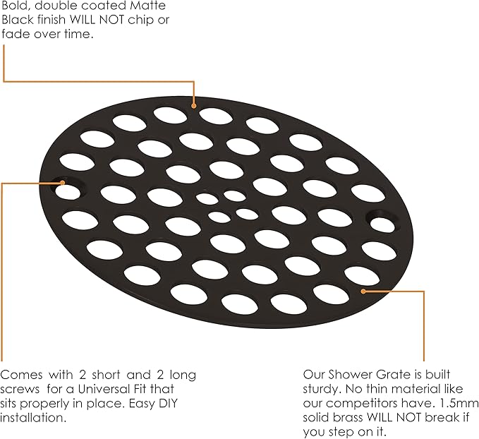 4" Black Screw-in Shower Strainer - 3-⅜” Screw Hole Spacing - 4 Inch OD Drain Cover - Solid Brass - Professional Grade and Lasting Durability - Matte Black Grate - Screws Included