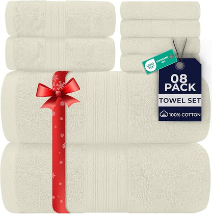 DAN RIVER 8 PC Luxury Bath Towels for Bathroom, 2 Bath, 2 Hand, and 4 Wash Cloths, 600 GSM 100% Ring Spun Cotton Towel Set, Highly Absorbent, Gym, Hotel, and Spa, Ivory