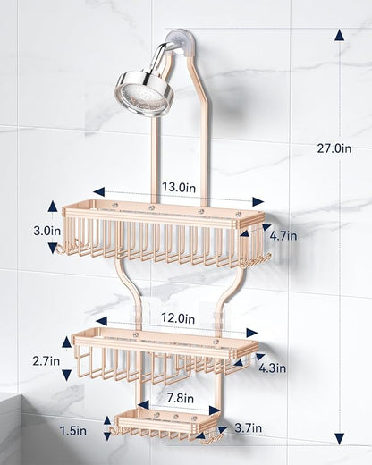 YASONIC Shower Caddy Hanging - Never Rust Shower Organizer - Aluminum over The shower head caddy with 10 Hooks for Razor/Sponge - Shower Rack with Soap Basket - Rose Gold