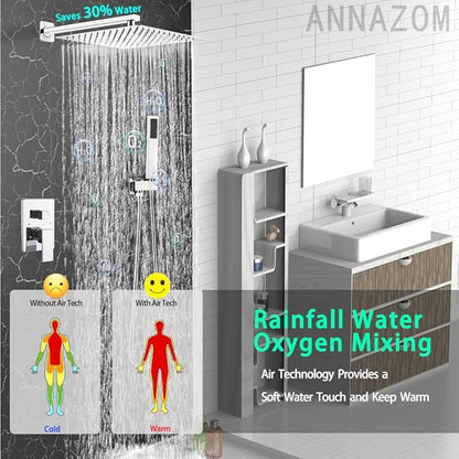 Shower Faucet Set Polished Chrome Surface Large 12 Inch Shower Head Handheld Shower Combo Set High Pressure Recessed Wall Mount, Chrome