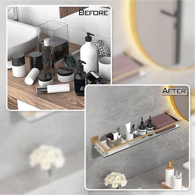 Glass Shelf for Bathroom 24 inch Rectangular Stainless Steel Wall Sheves Tempered Glass Modern Stainless Steel Wall Mount Accessories Organizers Storage (Brushed Gold)