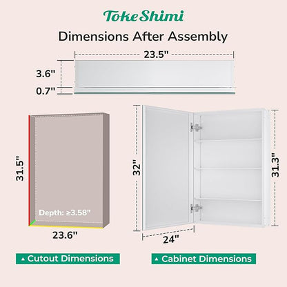TokeShimi 24x32 Mirrored Medicine Cabinet Recessed or Wall Mount, Aluminum Tempered White Bathroom Medicine Cabinet with Mirror with Stepless Adjustable Storage Metal for Modern Farmhouse