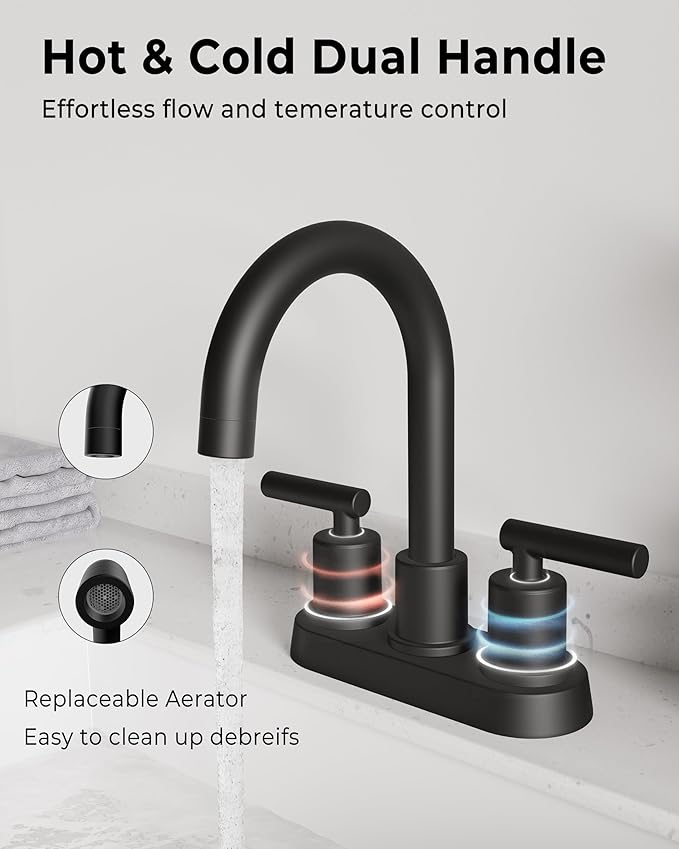 VXV Bathroom Sink Faucet 4 Inch 2 Handle Centerset Utility Lavatory Vanity Modern 360 Rotating Black Water Faucet with Pop-up Drain Stopper Assembly and Supply Lines Fits 2 Hole