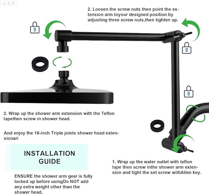Shower Head Extension Arm, 16 Inch Solid Brass Adjustable Extender with Lock Joint, Height & Angle Adjustable Shower Arm for Rainfall or Fixed Shower Head, G1/2 Connector (Matt Black)