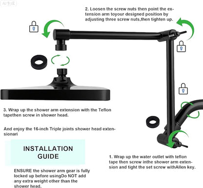 Shower Head Extension Arm, 16 Inch Solid Brass Adjustable Extender with Lock Joint, Height & Angle Adjustable Shower Arm for Rainfall or Fixed Shower Head, G1/2 Connector (Matt Black)
