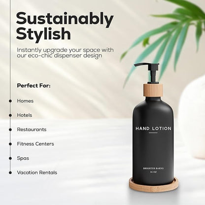Black Glass Lotion Dispenser with Pump by Brighter Barns - Hand Lotion Dispenser Bathroom Set with Tray - Luxury Bathroom Accessories Set, Modern Home Decor for Spa, Office, Living Room, Hotel (Black)