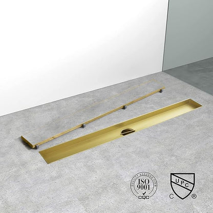Linear Shower Drain, 18 inch Gold Drain with Tile Insert 2-in-1 Panel, Brushed 304 Stainless Steel Gold Shower Floor Drain, Linear Drain with Hair Strainer and Adjustable Feet