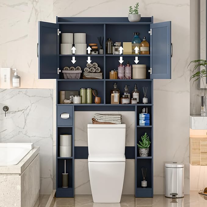 Over The Toilet Storage Cabinet, Farmhouse Toilet Cabinet Rack with Barn Doors, Space Saving Bathroom Organizer with Shelves, Toilet Paper Holder and Towel Rack for Bathroom,Restroom,Laundry,Blue