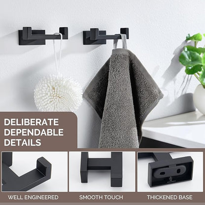 Angle Simple Bathroom Towel Hooks, Stainless Steel Shower Double Robe Coat Hooks for Wall, Matte Black, 2 Pack