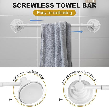 Suction Cup Towel Bar for Shower, 15.75''-25.6'' Adjustable Stainless Steel Towel Holder, Heavy Duty Suction Towel Rack with Powerful Vacuum Adsorption for Bathroom, Kitchen, RV, and Renters (White)