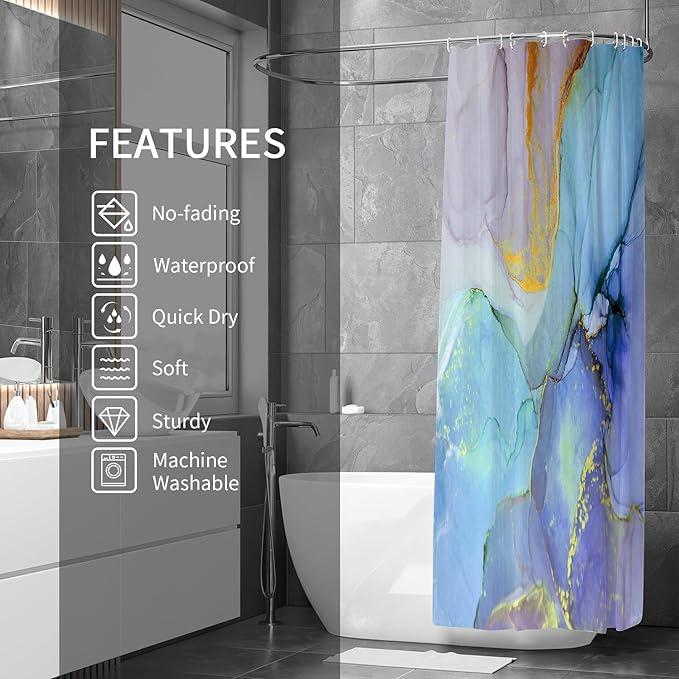 Gibelle Small Stall Shower Curtain 36 x 72, Narrow Half Abstract Marble Fabric Shower Curtain, Blue Purple Jade Texture Gold Stripes Ombre Ink Art Decor Bathroom Curtains Set
