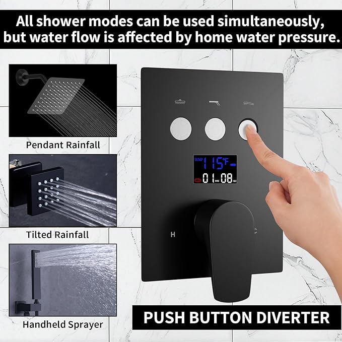 Bathroom Rainfall Shower System Wall Mount 8 Inch Shower Head With Handled Spray 6 Pcs jets Temperature Display Shower Faucet Set (Matte Black)