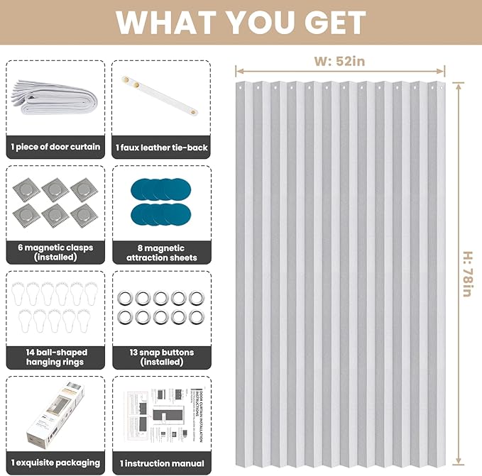 Accordian Door Curtain, 100% Blackout Folding Magnetic Doorway Curtains,Linen Style Closet Doors,for Room Divider,Privacy Protection（W52 x L78,White,1 Panel）