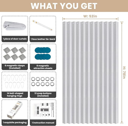 Accordian Door Curtain, 100% Blackout Folding Magnetic Doorway Curtains,Linen Style Closet Doors,for Room Divider,Privacy Protection（W52 x L78,White,1 Panel）