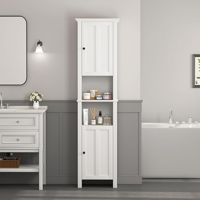 Tall Bathroom Storage Cabinet with Adjustable Shelves,66.92" H Slim 1-Door Freestanding Cabinet for Small Spaces, Bathroom,Kitchen, Living Room,White (Farmhouse)
