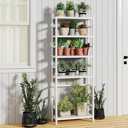 Bamjoy Bamboo Shelf, 6 Tier Bookcase Storage Shelves, Tall Book Rack Shelving Unit, Multipurpose Storage Display Shelf Adjustable Storage Rack for Bathroom Home Office Living Room Kitchen, White